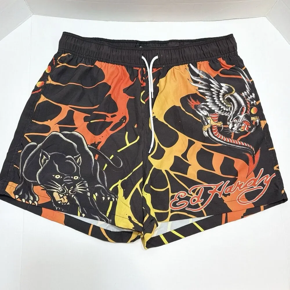 Ed Hardy Panther Swim Trunks Shorts Men's L Black 5” Inseam Nova Men
